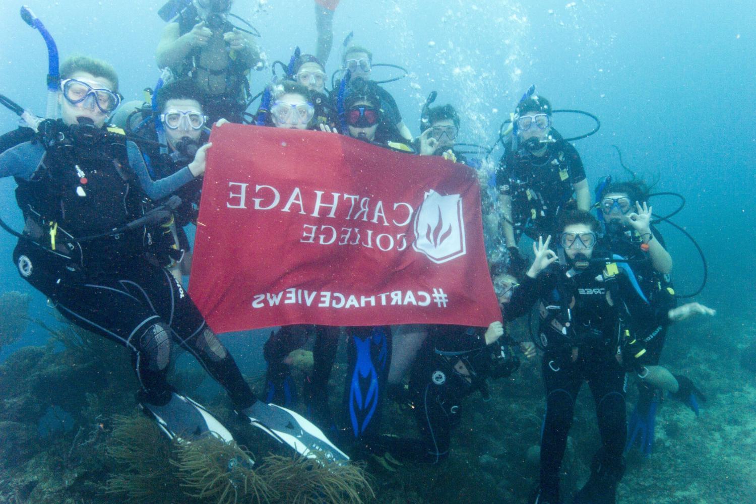 学生们手持<a href='http://k9q.spreadcrushers.com'>bv伟德ios下载</a>旗帜，在j学期洪都拉斯游学之旅中潜水.